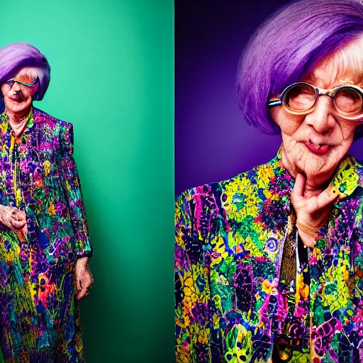 Image similar to elderly woman dressed in extremely colorful clothes with many strange patterns posing for a high fashion photoshoot, haute couture, cyberpunk 2077 soft lighting dark shadows beautiful 65mm camera Ryan Church