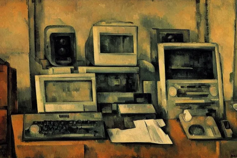 Image similar to still life painting of vintage computers by Paul Cézanne, oil on canvas, strong lighting, highly detailed, hyper realism, HD, 4K