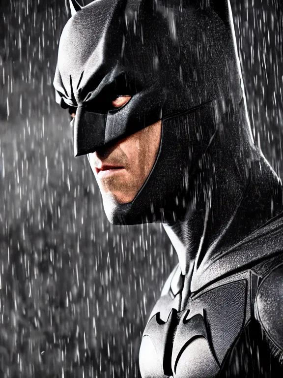 Prompt: film still, ryan reynolds as batman, mask half torn, hyperrealism, moody lighting, rain, intricate, 8 k