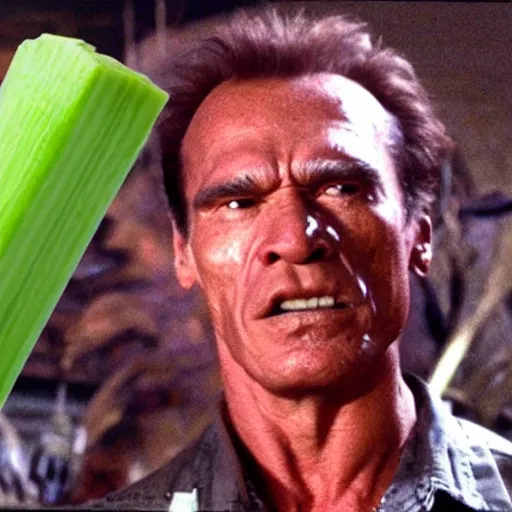 Image similar to a stick of celery with a face hunts arnold schwarzenegger in the film predator