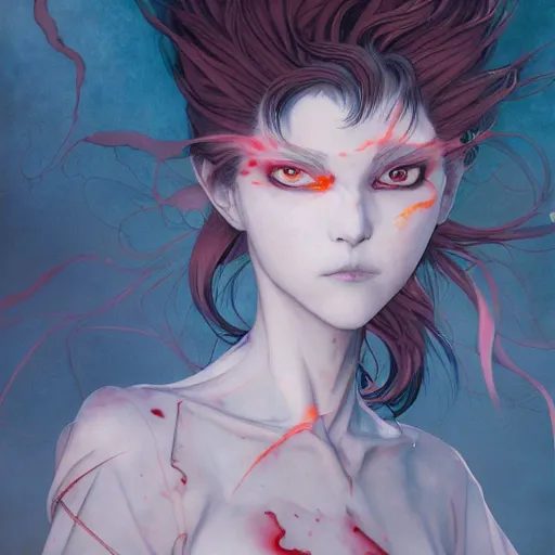 Image similar to prompt : vampire character portrait soft light painted by james jean and katsuhiro otomo and erik jones, inspired by evangeleon anime, smooth face feature, intricate oil painting, high detail illustration, sharp high detail, manga and anime 1 9 9 9