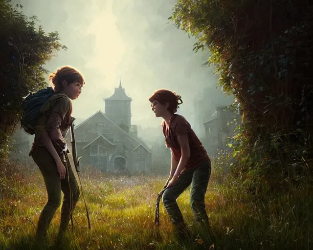 Image similar to highly detailed portrait of sophia lillis and jessie buckley, in the last of us, stephen bliss, unreal engine, fantasy art by greg rutkowski, loish, rhads, ferdinand knab, makoto shinkai and lois van baarle, ilya kuvshinov, rossdraws, tom bagshaw, global illumination, radiant light, detailed and intricate environment