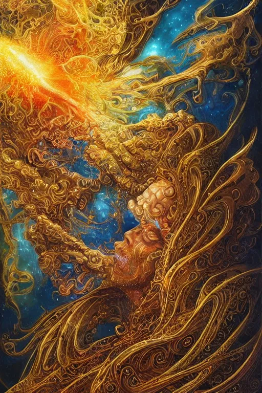 Image similar to a golden wizard with a detailed robe with beautiful eyes coming from a tumultuous mist of nebula gas, various color scheme by android jones , alex gray, Karol Bak, Ayami Kojima, Amano