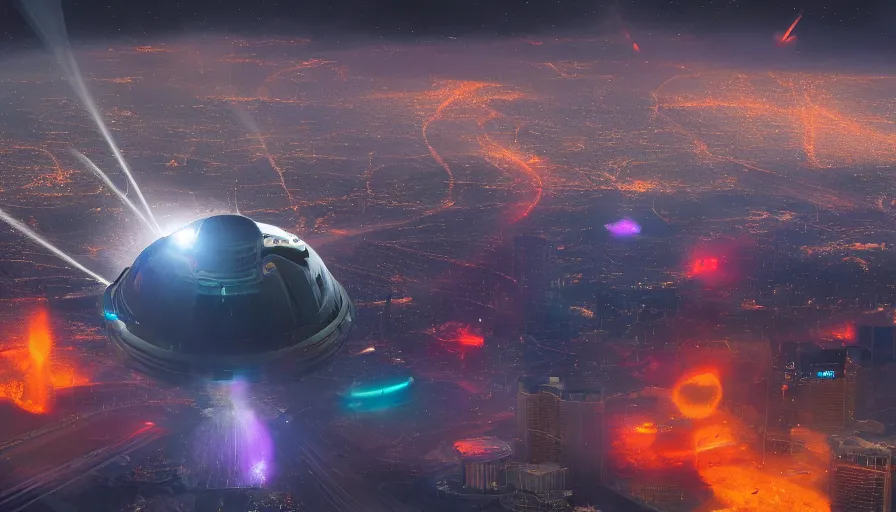 Prompt: humongous ufo upon las vegas destroying the city with alien laser, destruction, explosion, fire, smoke columns, ashes, hyperdetailed, artstation, cgsociety, 8 k