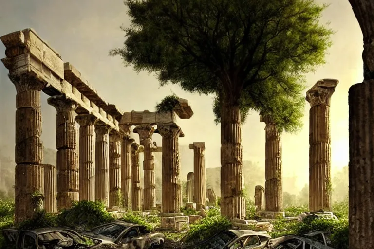 Image similar to tree growing in ancient greek ruins, gray wasteland, many scrap cars, trash, rubble, overgrown, pillars and arches, flowers, vines, hyperrealistic, highly detailed, cinematic, single ray of golden sunlight, beautiful, cgssociety, artstation, 8 k, oil painting by greg rutkowski, by artgerm, by wlop