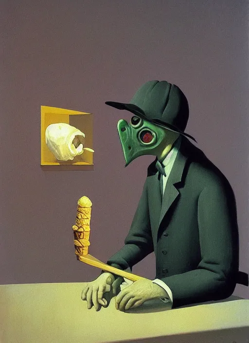 Image similar to plague doctor eating ice cream Edward Hopper and James Gilleard, Zdzislaw Beksinski highly detailed