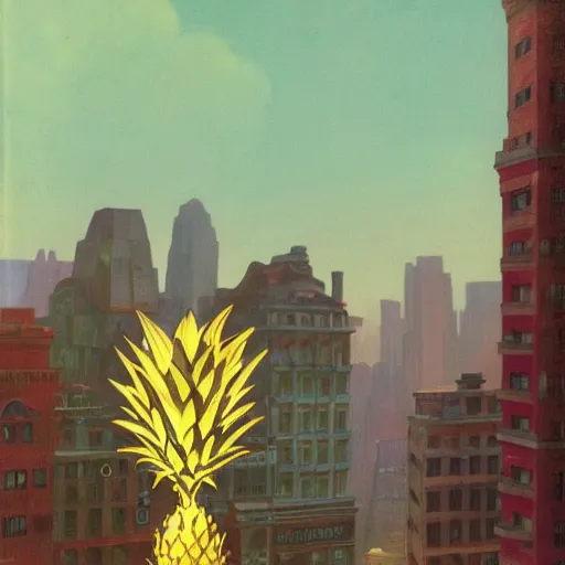 Prompt: A mysterious glowing pineapple shines above a city square, dieselpunk, by Studio Ghibli and Edward Hopper