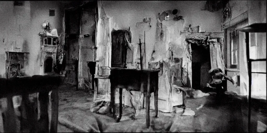 Prompt: Ghosts in a house , frightening, ghastly, photorealistic, old film, 35mm film, found film, scary, ominous,, by bruce davidson, on hasselblaad