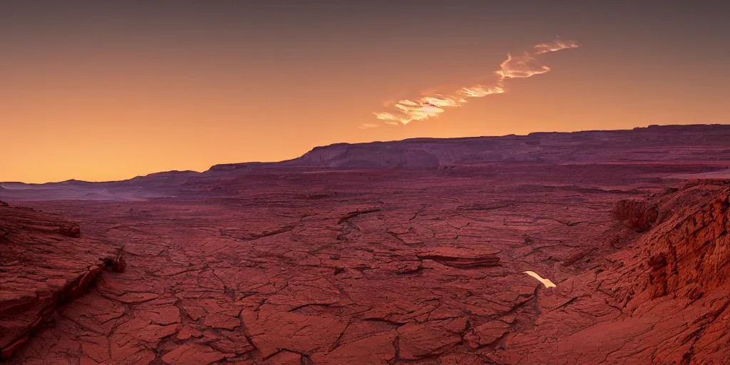 Image similar to a river bend running through a canyon surrounded by desert mountains at sunset on mars, planet mars, moab, utah, a tilt shift photo by frederic church, trending on unsplash, hudson river school, photo taken with provia, national geographic photo