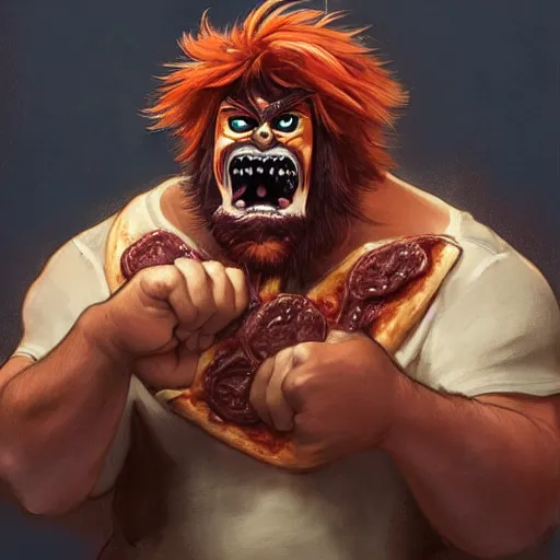 Image similar to portrait of gritty opening his mouth to eat pizza, also smashing pizza with his fists, highly detailed, digital painting, artstation, concept art, sharp focus, illustration, art by artgerm and greg rutkowski and alphonse mucha