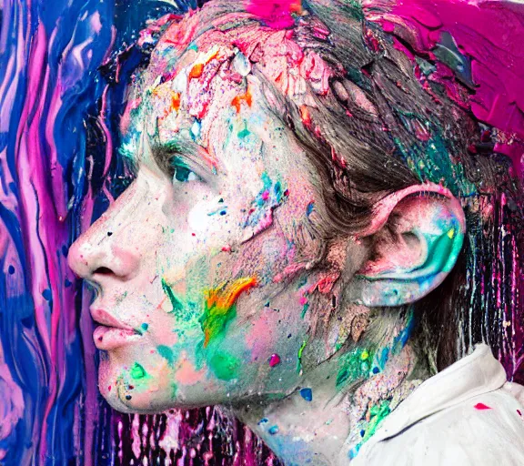 Prompt: still shot footage of a portrait of a female angel's head made of acrylic pour and coloured powder explosion and splashing paint and dripping paint and flying paint chunks, closing eyes, motion blur, hyperrealistic, medical, intricate art photography, anatomically correct, realistic crisp textures, 1 6 k