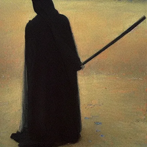 Image similar to Back view of the grim reaper, thin black robe, curvy, death himself, deep shadows, award winning, by Ilya Repin