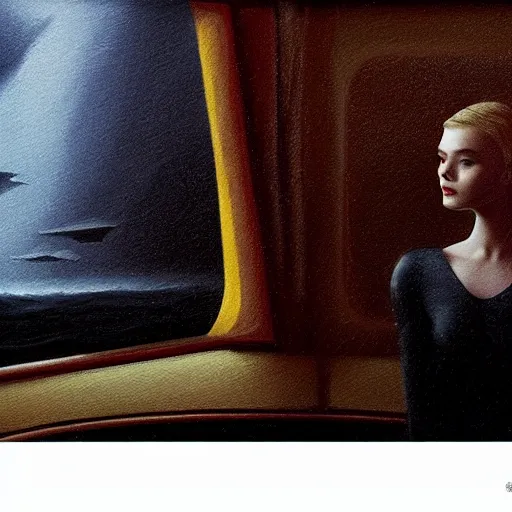 Prompt: silhouette of Elle Fanning on a boat, stormy weather, extremely detailed masterpiece, oil on canvas, low-key neon lighting, artstation, Blade Runner 2049, Roger Deakin’s cinematography, by Peter Monamy and Edward Hopper,