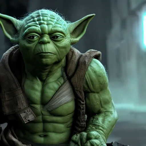 Image similar to yoda as the hulk the hulk in gears of war, splash art, movie still, cinematic lighting, dramatic, octane render, long lens, shallow depth of field, bokeh, anamorphic lens flare, 8 k, hyper detailed, 3 5 mm film grain