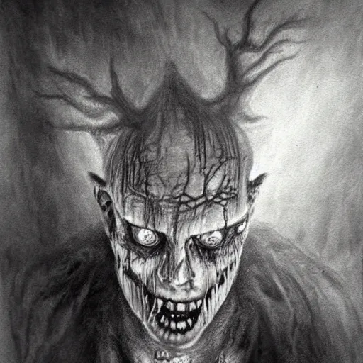 Image similar to Black and white drawing of Threed, Stephen Gammell style, evil, high detail, Scary Stories