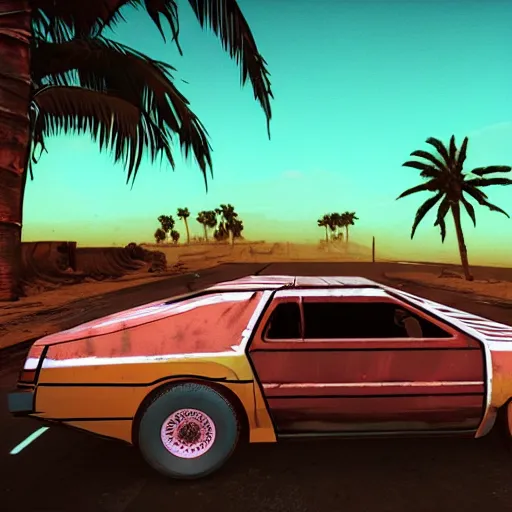 Prompt: wasteland hotline miami desert apocalypse car wasteland war destroyed wide shot landscape nuke fire craters end of the world miami beach sunset palm trees 80s delorean unreal engine dark style