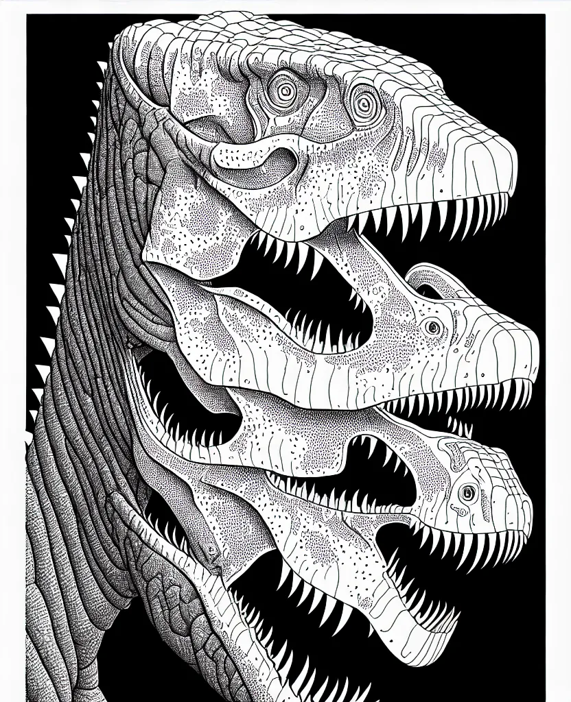 Prompt: tyrannosaurus rex, symmetrical, accurate, simple clean lines, black and white, coloring book, comic book, line art, by martina matteucci, pavel shvedov, peter lundqvist, diane ramic, christina kritkou, artstation