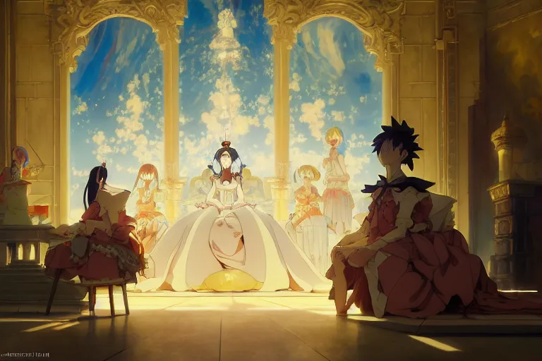 Image similar to baroque oil painting of key visual concept art of anime maid ruling as queen from extravagant throne room, brutalist, dark fantasy, rule of thirds golden ratio, fake detail, trending pixiv fanbox, acrylic palette knife, style of makoto shinkai studio ghibli genshin impact james gilleard greg rutkowski chiho aoshima