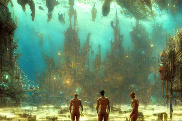 Prompt: underwater city, painting by gaston bussiere, craig mullins, j. c. leyendecker, tom of finland