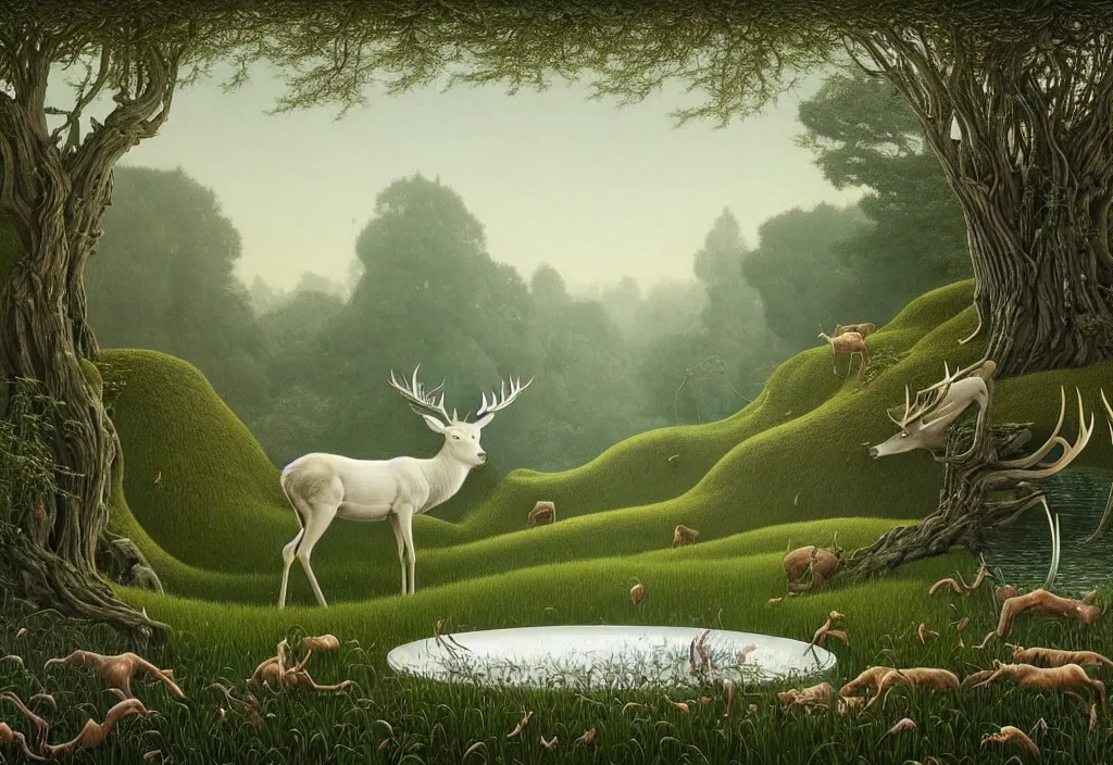 Prompt: hyper detailed 3d render like a Oil painting - white stag drinking from a silvery pool in a peaceful lush meadow, by Jacek Yerka, Mariusz Lewandowski, Houdini algorithmic generative render, Abstract brush strokes, Masterpiece, Edward Hopper and James Gilleard, Zdzislaw Beksinski, Mark Ryden, Wolfgang Lettl, hints of Yayoi Kasuma, octane render, 8k