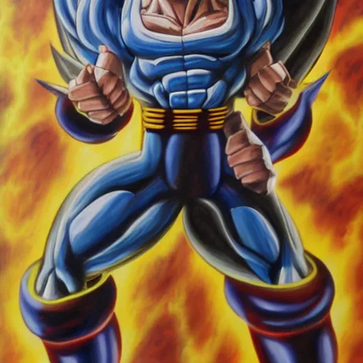 Image similar to oil paint of a fusion of old vegeta and trunks, gogeta, realistic painting, non anime, 4 k, detailed, full body, painting, on paper, paint smears, smooth, by a oil painter