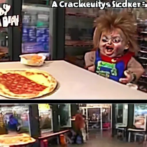 Image similar to security camera footage of chucky doll screaming at customers eating pizza