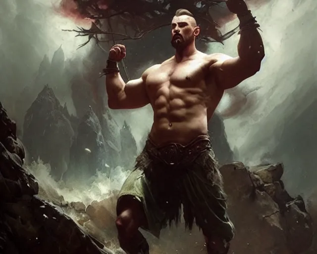 Image similar to handsome tattooed gym bro cleric spirit weapon magic spell vfx, diagonal spell vfx, fantasy game spell, fantasy epic painting by greg rutkowski, gaston bussiere, craig mullins, j. c. leyendecker, tom of finland