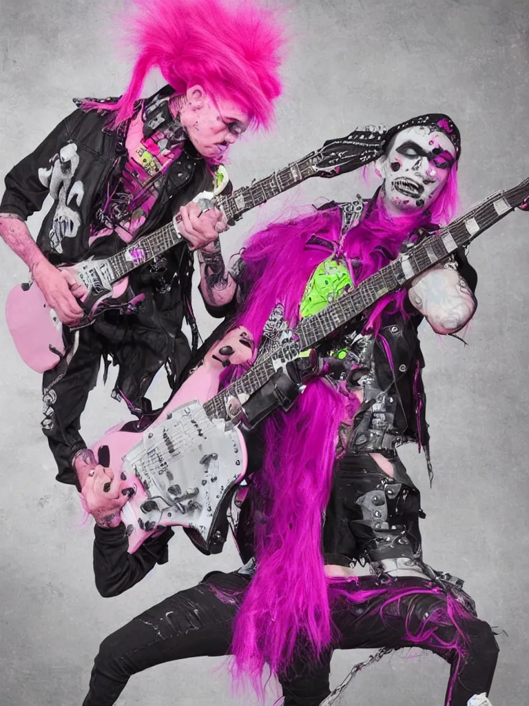 Prompt: a singular Punk rock Frankenstein with a pink mohawk playing guitar