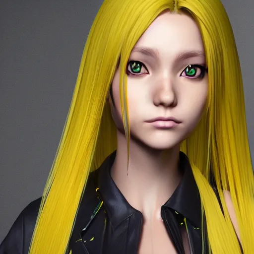 Prompt: render of a realistic anime woman with long yellow hair, detailed render, beautiful face, octane engine