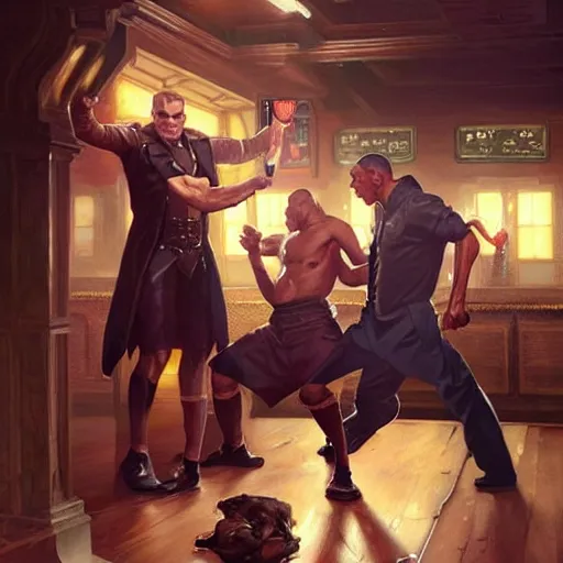 Prompt: vinnie jones and barak obama fighting in a pub, real life skin, intricate, elegant, highly detailed, artstation, concept art, smooth, sharp focus, art by artgerm and greg rutkowski and alphonse mucha