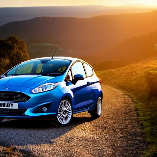 Image similar to ford fiesta mk 6 zetec on a mountain road, award winning photograph, golden hour
