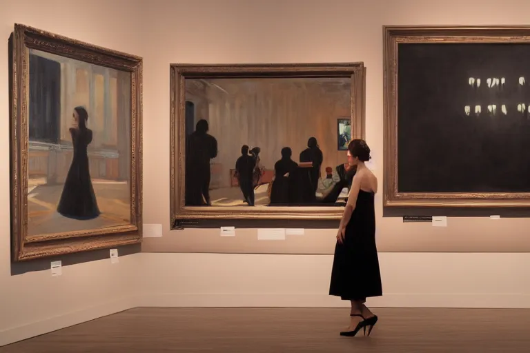 Image similar to a gorgeous woman with a black dress waiting inside a 9 0 s art gallery exhibition, colors americana, cinematic, volumetric lighting, ultra wide angle view, realistic, detailed painting in the style of edward hopper