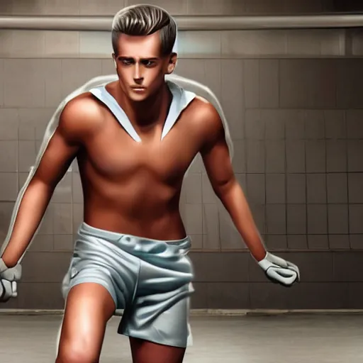 Image similar to a realistic detailed photo of a guy who is an attractive humanoid who is half robot and half humanoid, who is a male android, attractive and handsome soccer players, shiny skin, posing like a statue, blank stare, in a factory, on display, showing off his muscles, wearing soccer shorts, side view, looking at each other mindlessly