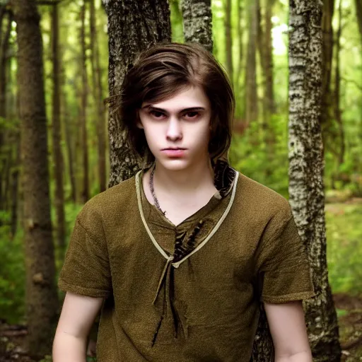 Image similar to a teenage boy, around 1 9 yo. natural brown hair. loincloth, pale skin. realistic face. ominous and eerie looking forest i'm background. natural colors.