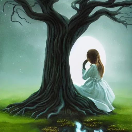 Prompt: a painting of a girl in a white dress sitting on the roots of a gigantic ancient tree next to a pond, surrounded by a towering dark forest, the moon can be glimpsed through the trees and is veiled by fog, midnight, dark fantasy, fantasy forest, spooky forest