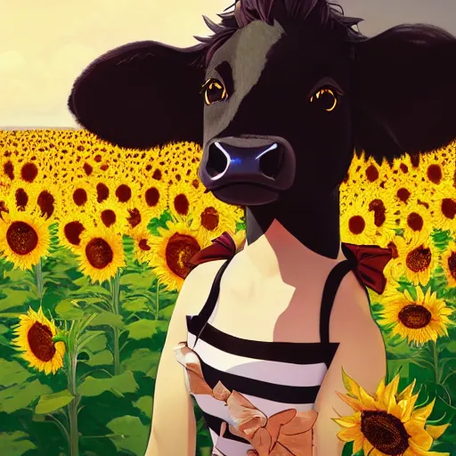 Prompt: portrait of a black cute cow, black and white striped bow on its head in a field of sunflowers, rich vivid colors, ambient lighting, dynamic lighting, 4k, official media, anime key visual, makoto shinkai, ilya kuvshinov, lois van baarle, rossdraws, detailed, trending on artstation