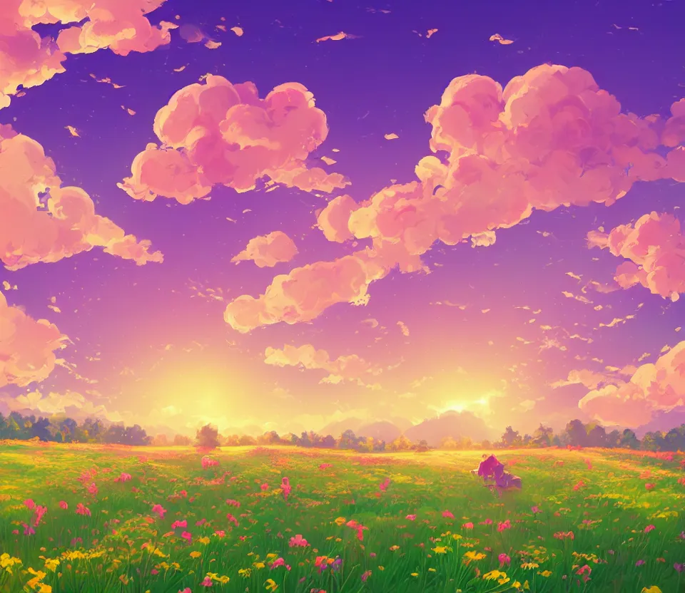 Image similar to green lush Field with beautiful flowers, aesthetic, calming, pink and yellow clouds in the sky, brightly illuminated by rays of sun, Clouds backlit by the sun, sunset ,artstation, colorful sylvain sarrailh illustration, by peter chan, day of the tentacle style