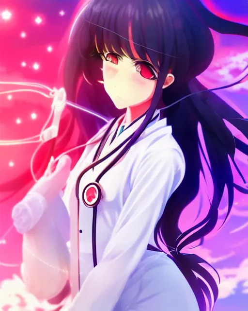 Image similar to anime style, vivid, expressive, full body, 4 k, painting, a cute magical girl with a long wavy black hair wearing a nurse outfit, stunning, realistic light and shadow effects, centered, simple background, studio ghibly makoto shinkai yuji yamaguchi