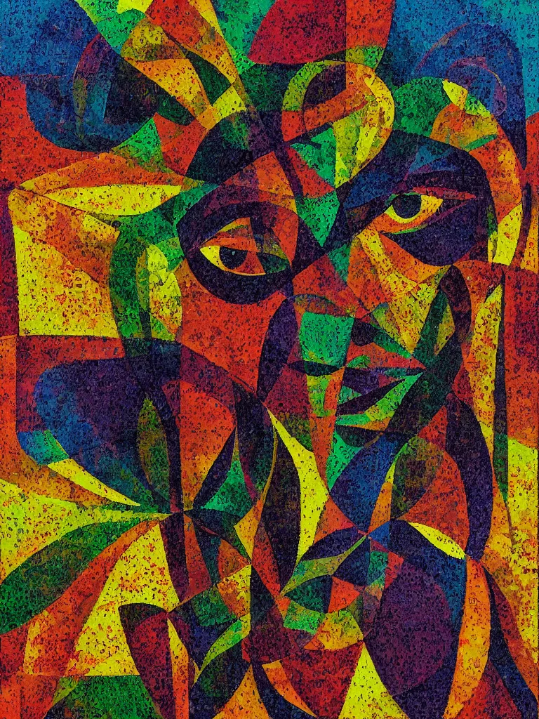 Prompt: an abstract painting of a face showing elements of pixel art, sacred geometry, mossy raised lettering, modern cubism, biomechanics, artistic composition, sharp focus, intricate concept art, digital painting, colorful flat surreal design