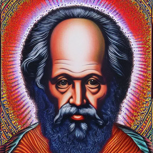 Image similar to karl Marx painting by alex grey in the style of cosmic christ by alex grey