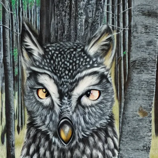 Image similar to mixture between an! owl and wolf, captured in a forest