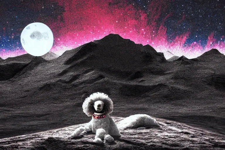 Image similar to a parti poodle with black and white fur laying down on mars. distant background, red lighting, digital art, acrylic, colorful, ominous, bleak, moonlight, bokeh, depth of field, synthwave, psychedelic, glitch, acrylic, flooko, detailed, cybernetic, sci-fi, glows,