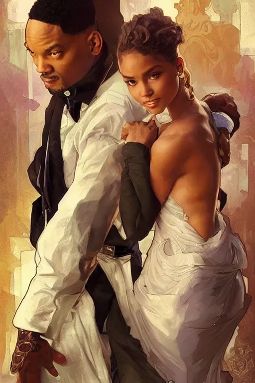 Image similar to beautiful cottagecore will smith slapping chris brown at the oscars. intricate, elegant. highly detailed, digital painting, artstation, concept art, smooth, sharp, focus, illustration. . art by artgerm and greg rutkowski and alphonse mucha