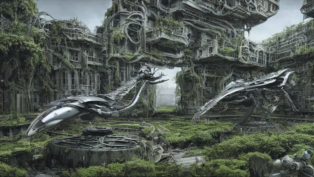 Image similar to organic mechanical metal osprey aircraft, giger influenced with ornate intricate details, landed on futuristic brutalist concrete heliport, ornate buildings covered with green moss, vines and blue foliage, with cyborg female soldiers in the foreground wearing stealth transparent clothing, daytime, wet floor on streets, matte painting, unreal engine, cinematic camera, bloom, mirrors edge