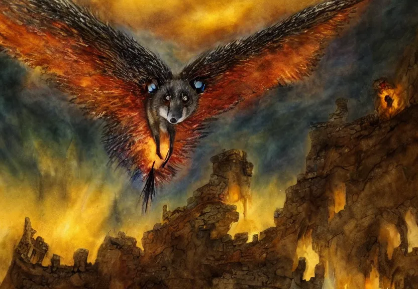 Image similar to legendary fire winged possum flying over a medieval forest castle at night under the dark starred sky, dark fantasy, watercolor, dreaming illusion, highly detailed, 4k, trending on Artstation