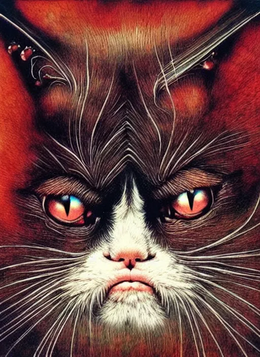 Image similar to a spirit of grumpy cat, red lake, highly detailed, art by Ayami Kojima, Beksinski, Giger