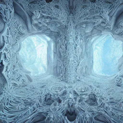 Image similar to a hyperrealistic 3 d painting of a huge sprawling fractal cathedral interior populated by mandelbrot fractals by android jones, unreal engine, carved stone, carved soap, white color scheme, volumetric lighting, octane render, dramatic lighting, glowing, carved marble, opalescent, sacred geometry, religious, angelic, catholicpunk, stark, 8 k, ultra detailed