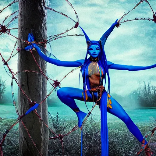 Prompt: a blue - skinned female navi from avatar wrapped in barbed wire suspended in the air between two trees, cosplay, body paint, high resolution film still, hdr color, movie by james cameron