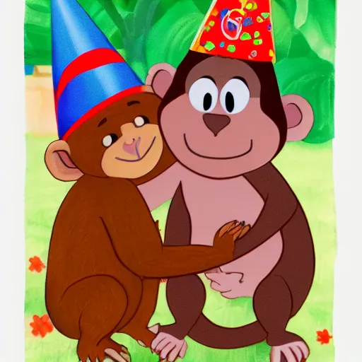 Image similar to mowgli hugging a monkey with a birthday hat on, sister, love, highly detailed