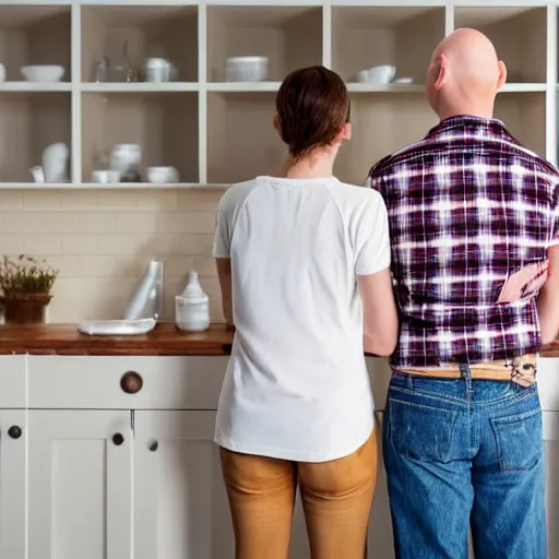 Image similar to portrait of a white male and his white female brown hair wife. male is is half bald, wearing a flannel shirt, tan shorts, white long socks and is holding a cane. female has long brown hair, standing next to him holding his hand. photo taken from behind them looking at a blue colored kitchen under remodel, trending on artstation.